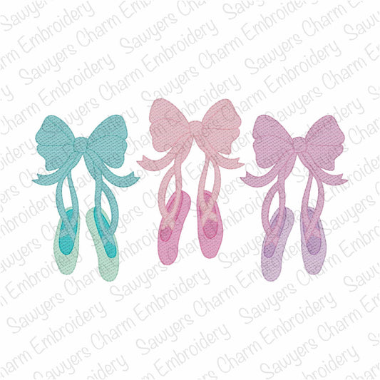Ballet slippers with bows trio, sketch stitch machine embroidery design, quick stitch, coquette, ballerina pointe shoes, dance, ribbons