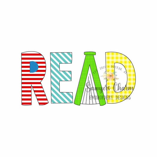 READ phrase with book bean stitch machine applique, embroidery design, quick stitch, learning, love to read, school, read across America