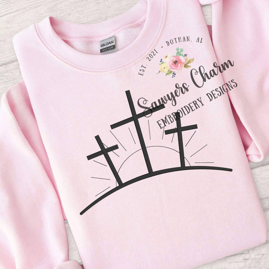 Cross trio with sunrise on hill, satin stitch machine embroidery design file, Easter Sunday, resurrection day, Jesus, spring, He is risen