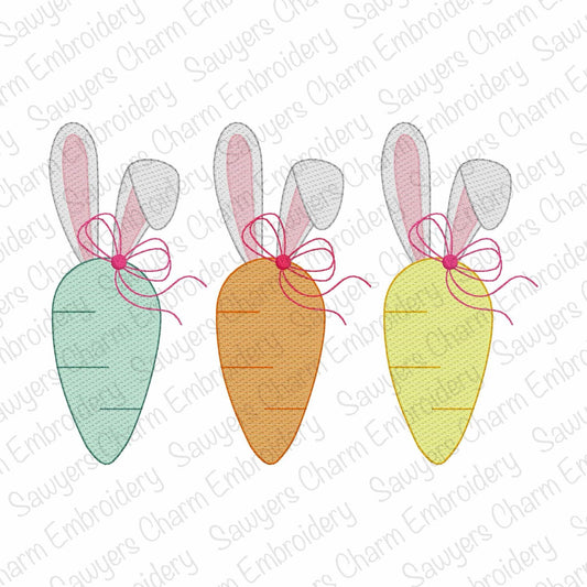 BUNDLE Carrot with bunny rabbit ears sketch stitch trio, with/without coquette bows, machine embroidery design, spring garden, Easter