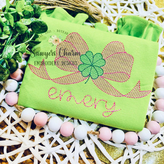 St. Patrick's Day bow with clover/shamrock sketch stitch/bean stitch machine embroidery design file, quick stitch, monogram topper, lucky