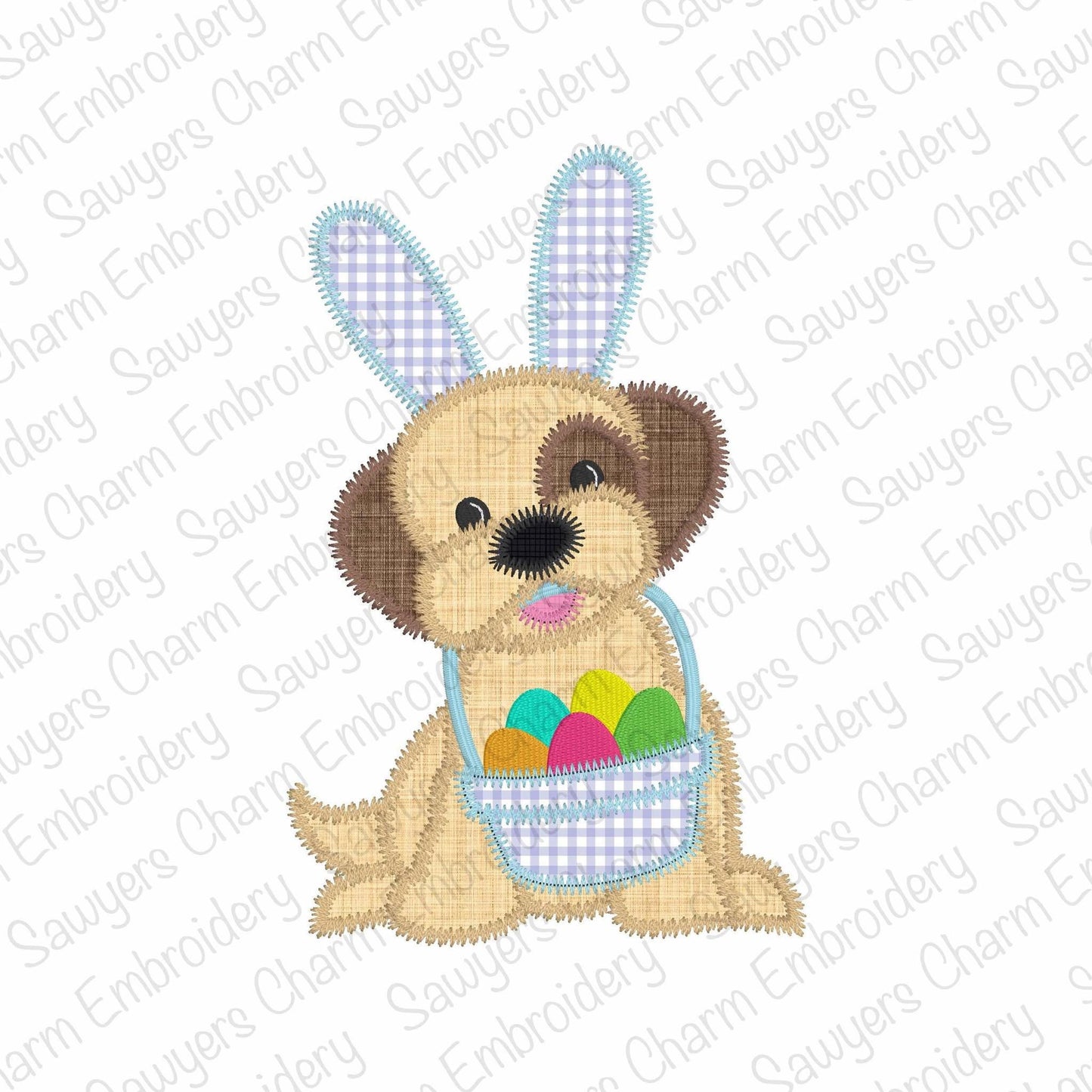 BUNDLE Easter dog/puppy with basket of eggs & bunny ears zigzag stitch machine applique embroidery design, spring, with/without coquette bow