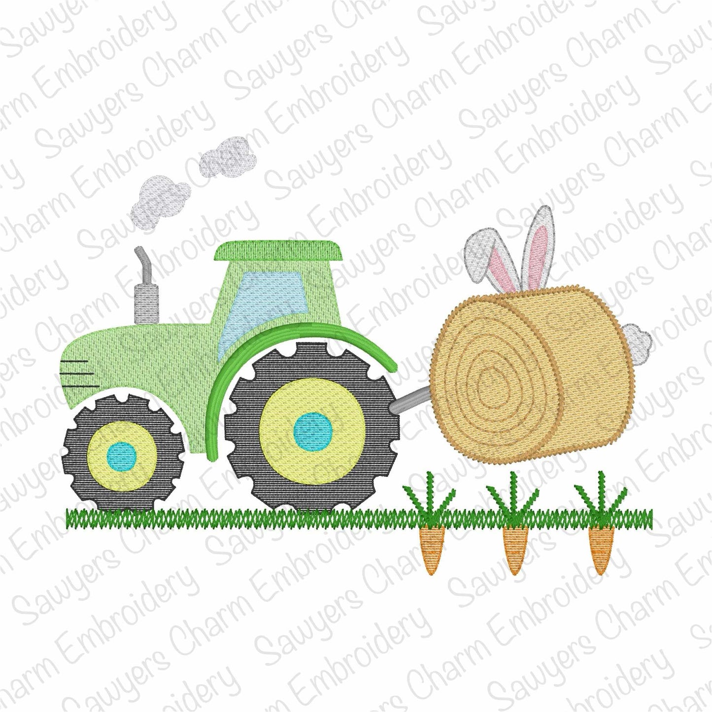 Easter tractor with egg hay bale, bunny ears, & carrots sketch stitch machine embroidery design, quick stitch, spring harvest, farmer, field