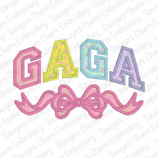 GAGA with coquette bow satin stitch machine embroidery design file, Mother's Day, love, Valentine's Day, athletic style letters, grandma