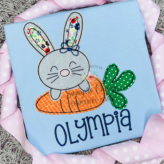 BUNDLE Bunny rabbit with carrot with/without bow bean & zig zag stitch machine applique embroidery design, Easter, spring garden, coquette