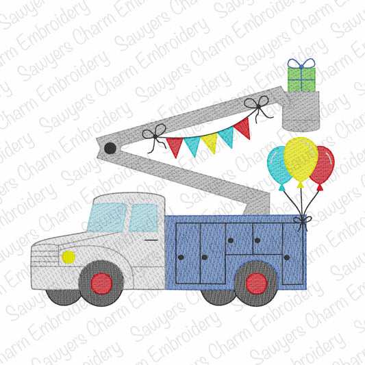 Birthday bucket truck with balloons, banner, & gift sketch stitch machine embroidery design, lineman, construction, transportation, vehicle