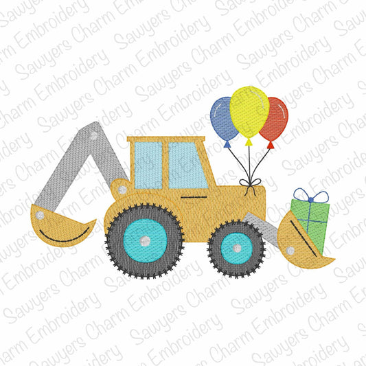 Birthday party backhoe with balloons & gift and present sketch stitch machine embroidery design, construction, transportation, city vehicle