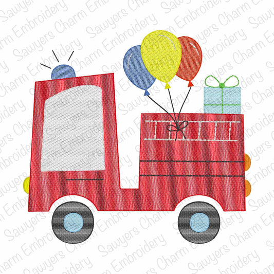 Birthday party firetruck with balloons & gift and present sketch stitch machine embroidery design, construction, transportation city vehicle