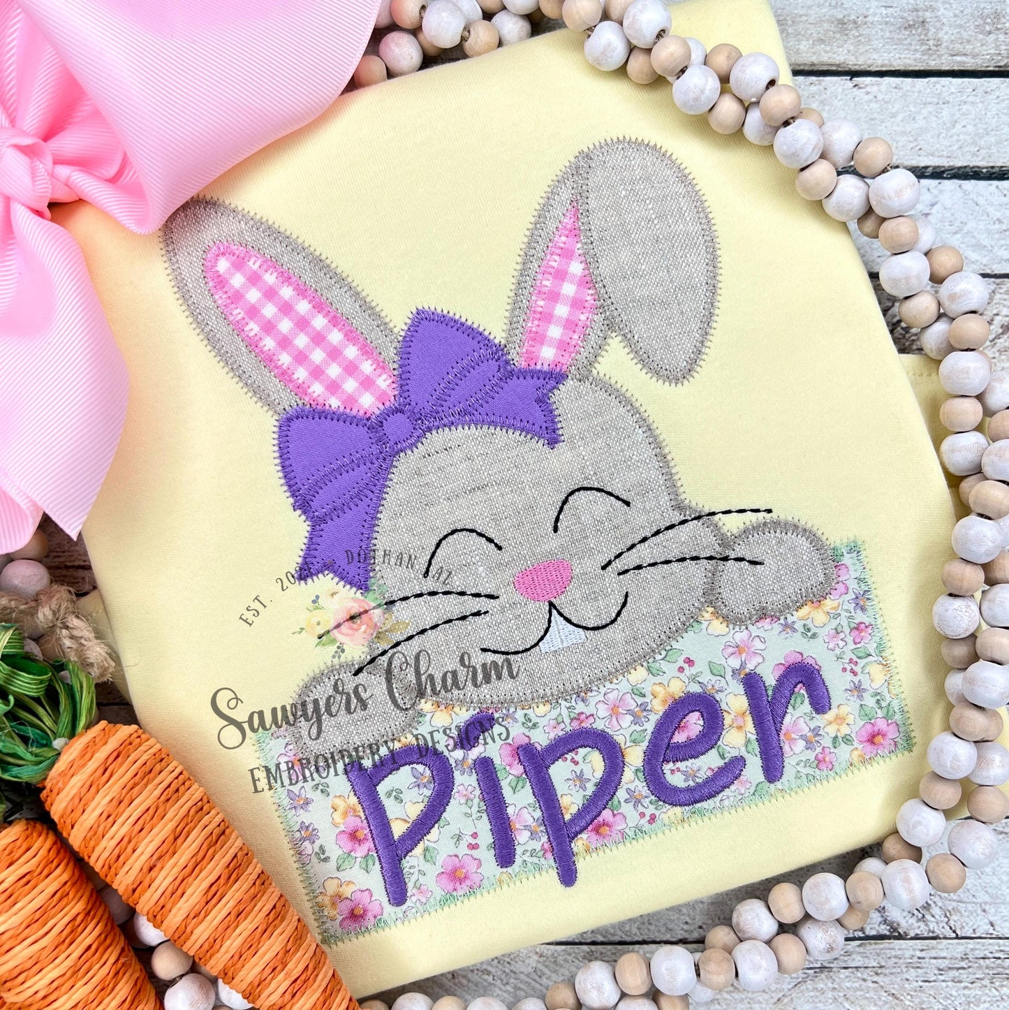 BUNDLE Bunny rabbit with coquette bow and name plate bean & zigzag stitch machine applique embroidery design, quick stitch, Easter, Spring