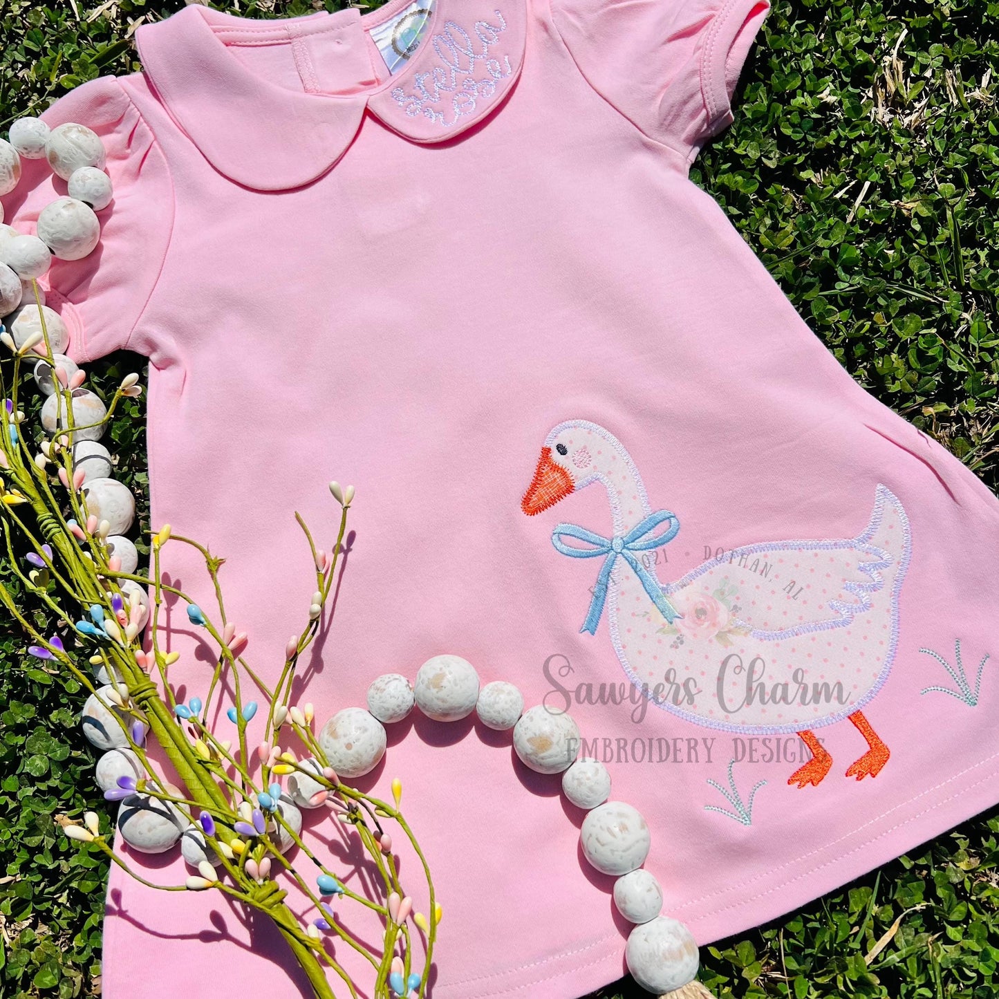 BUNDLE Coquette goose with bow bean & zigzag stitch machine applique embroidery design file, spring farm animal, quick stitch, Easter, duck