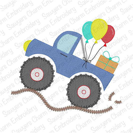 Birthday party monster truck with balloons & gift/present sketch stitch machine embroidery design, transportation, big truck mudding vehicle