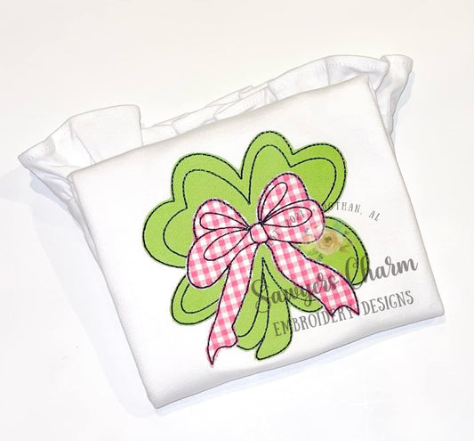 Coquette four leaf clover with bow bean stitch machine applique embroidery design, quick stitch, St. Patrick's Day, good luck charm shamrock