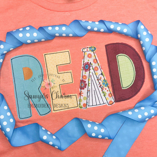 READ phrase with book bean stitch machine applique, embroidery design, quick stitch, learning, love to read, school, read across America