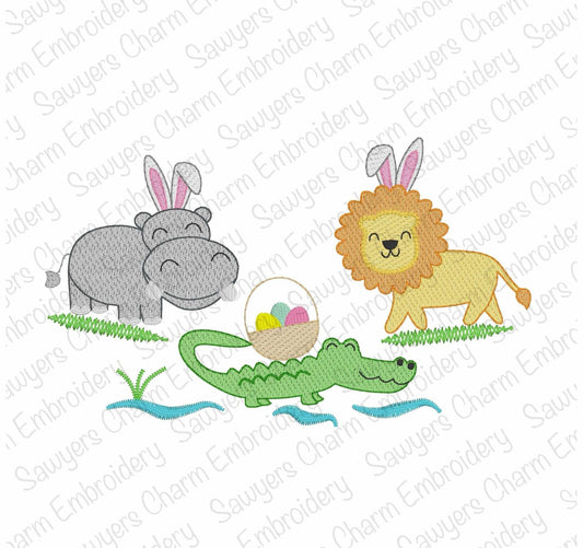 Easter Zoo/jungle/safari animals with bunny ears & basket of eggs sketch stitch trio, machine embroidery design, hippo, alligator, lion