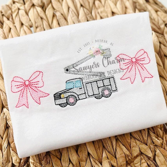 Bucket truck with coquette bows sketch stitch trio, machine embroidery design, quick stitch, lineman, construction worker, electricity/power