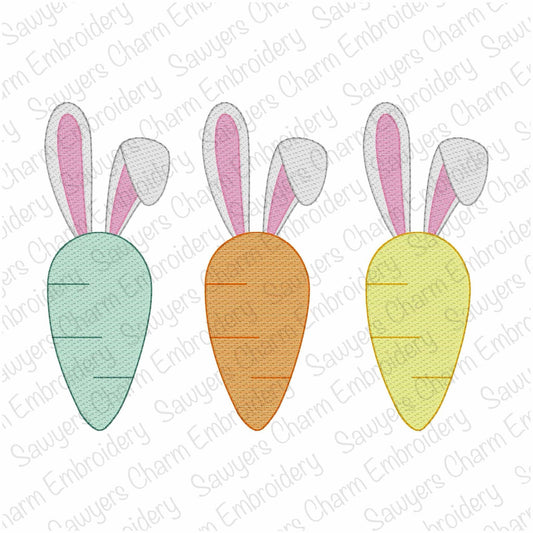 BUNDLE Carrot with bunny rabbit ears sketch stitch trio, with/without coquette bows, machine embroidery design, spring garden, Easter