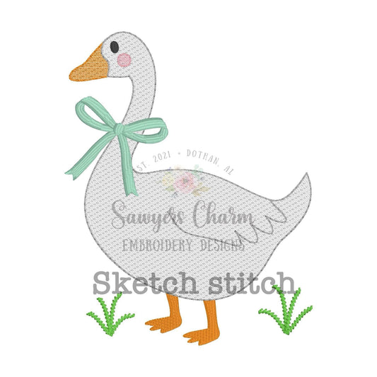 Coquette goose in grass with bow light fill sketch stitch machine embroidery design file, spring farm animal, quick stitch, Easter, duck