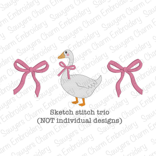 Goose with coquette bows light fill sketch stitch trio, machine embroidery design file, spring farm animal, quick stitch, Easter, duck