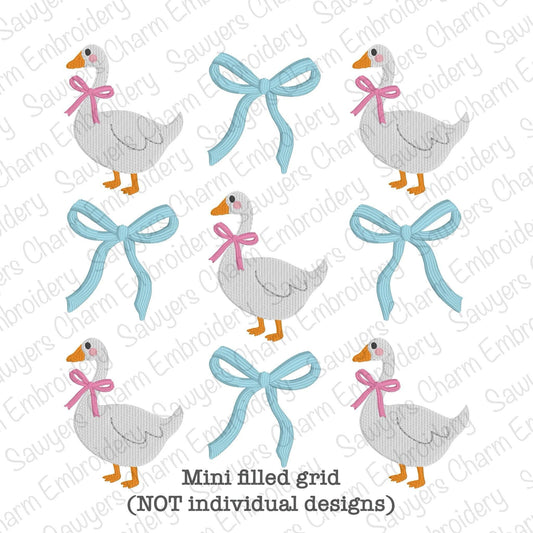 Goose with coquette bows grid, fill stitch machine embroidery design file, spring farm animal, quick stitch, Easter, duck, large sizes