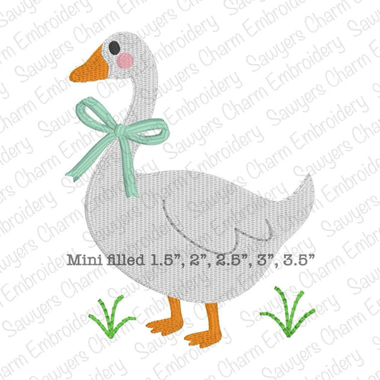 Mini filled Coquette goose in grass with bow machine embroidery design file, spring farm animal, quick stitch, Easter, duck, monograms