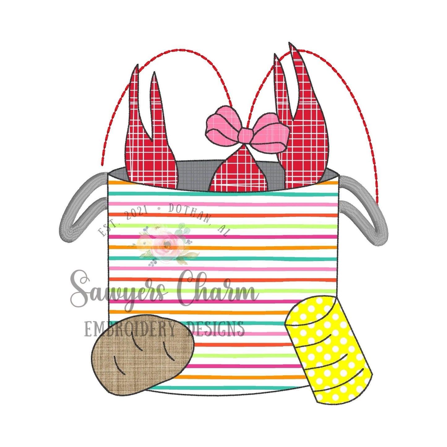 BUNDLE Crayfish boil in pot with potato and corn with coquette bow, bean & zigzag stitch machine applique embroidery design, summer cookout