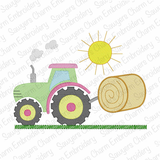 Tractor with hay bale & sunshine sketch stitch machine embroidery design, quick stitch, spring harvest, farm, farmer, field, smoke stack