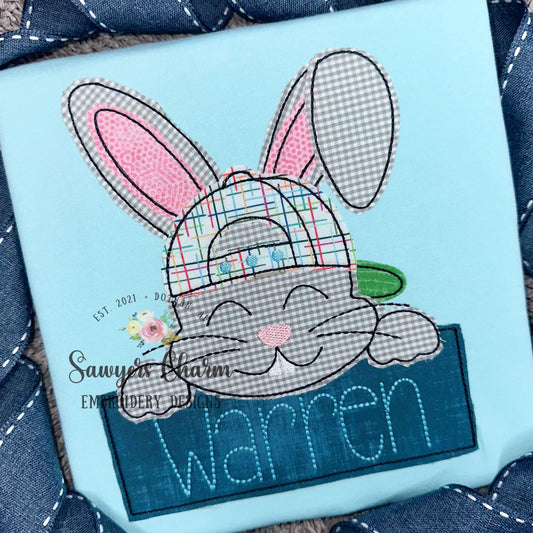 BUNDLE Bunny rabbit and baseball cap/hat with name plate bean & zigzag stitch machine applique embroidery design, quick stitch Easter Spring