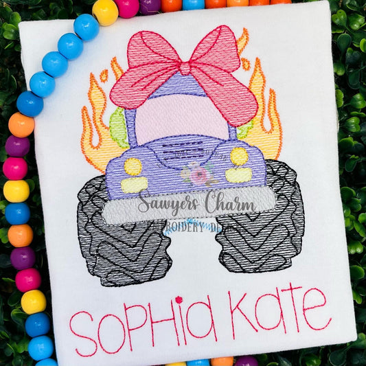 Monster truck with coquette bow & fire sketch stitch machine embroidery design, mudding, rally, off roading, vehicle transportation, racing