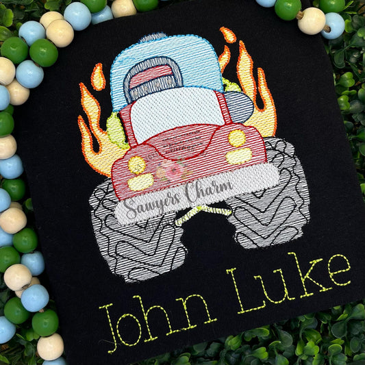 Monster truck with ball cap/hat & fire sketch stitch machine embroidery design, mudding, rally, off roading, vehicle transportation, racing