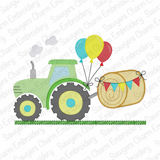 Birthday party tractor with hay bale, banner, & balloons sketch stitch machine embroidery design, spring harvest, farm, farmer, field, smoke