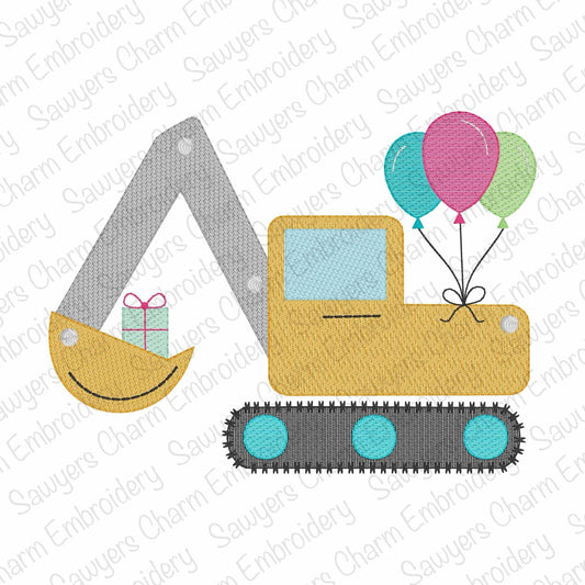 Birthday party excavator with balloons & gift/present sketch stitch machine embroidery design, construction, transportation, city vehicle