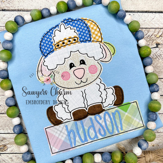 Sheep/lamb with baseball cap/hat bean stitch machine applique embroidery design file, spring farm animal, quick stitch, Easter