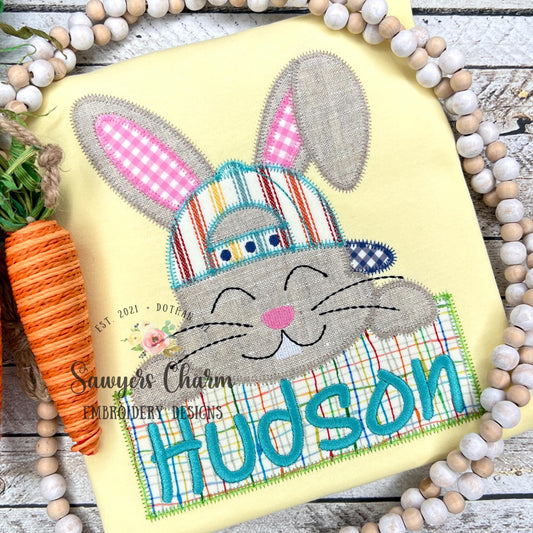 BUNDLE Bunny rabbit and baseball cap/hat with name plate bean & zigzag stitch machine applique embroidery design, quick stitch Easter Spring