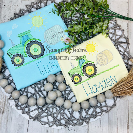 Tractor with hay bale & sunshine sketch stitch machine embroidery design, quick stitch, spring harvest, farm, farmer, field, smoke stack