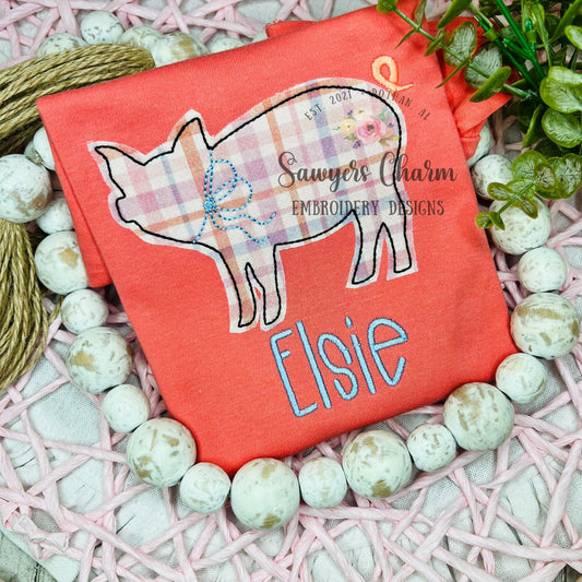 BUNDLE Pig bean stitch machine applique embroidery design file, spring farm animal, with/without coquette bow, oink, mud, pig pen, hog