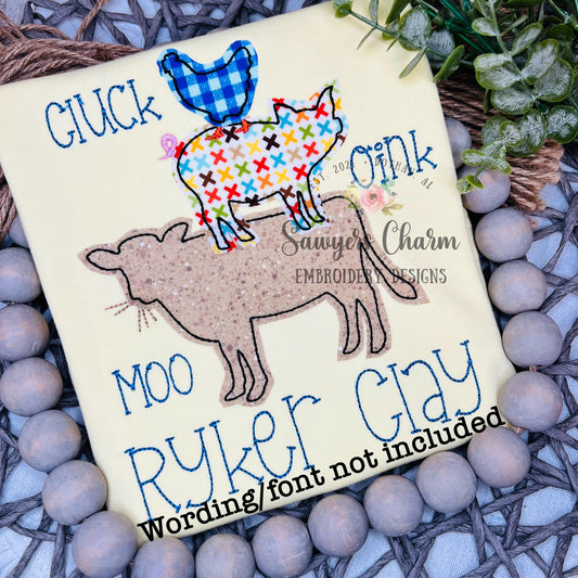 BUNDLE Stacked farm animals bean stitch machine applique embroidery design file, spring chicken, cow, pig, with/without coquette bows, hay