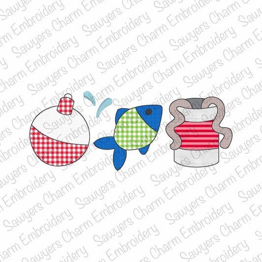 BUNDLE Bobber, fish, bait can of worms trio with/without coquette bow, bean stitch machine applique embroidery design, spring, lake pond