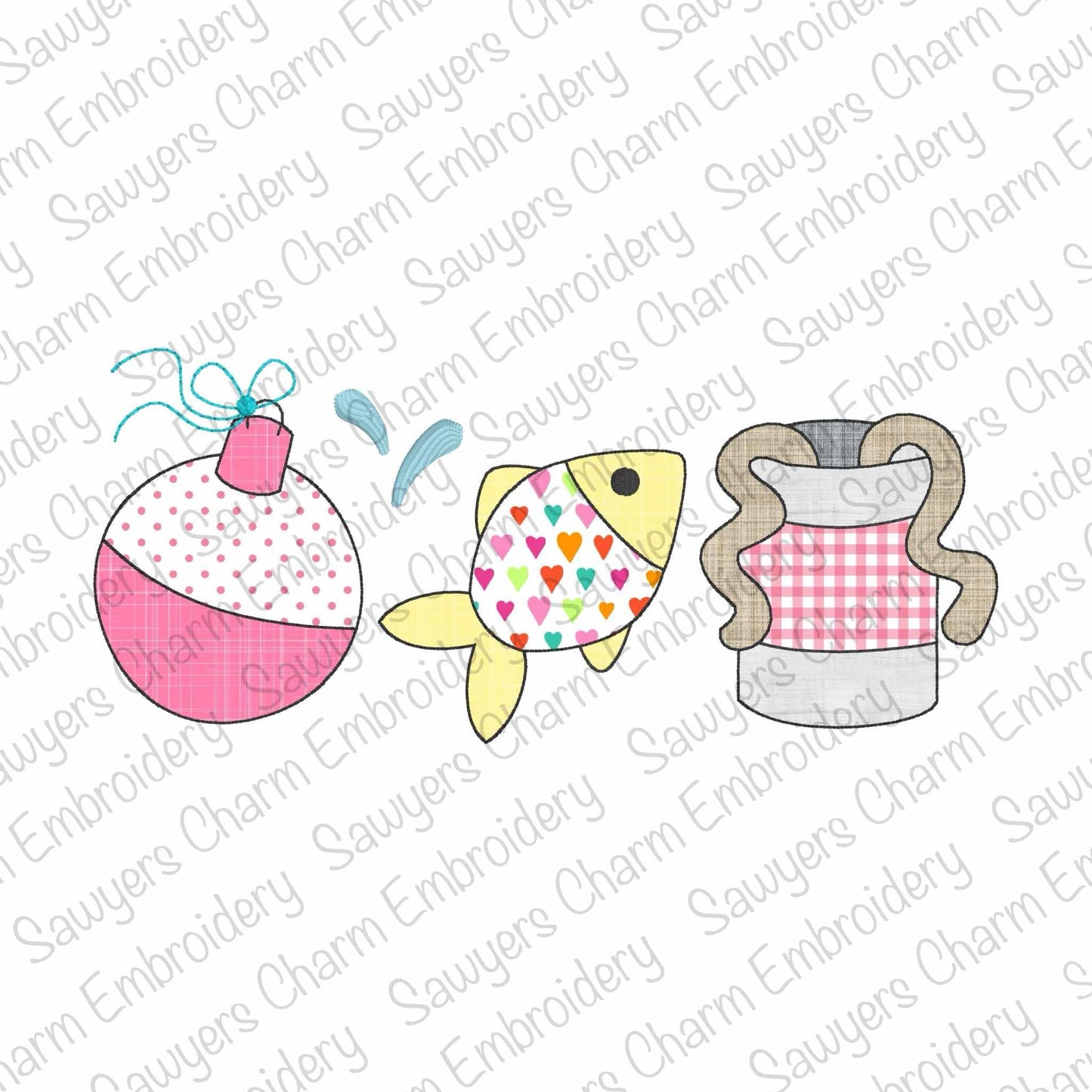 BUNDLE Bobber, fish, bait can of worms trio with/without coquette bow, bean stitch machine applique embroidery design, spring, lake pond