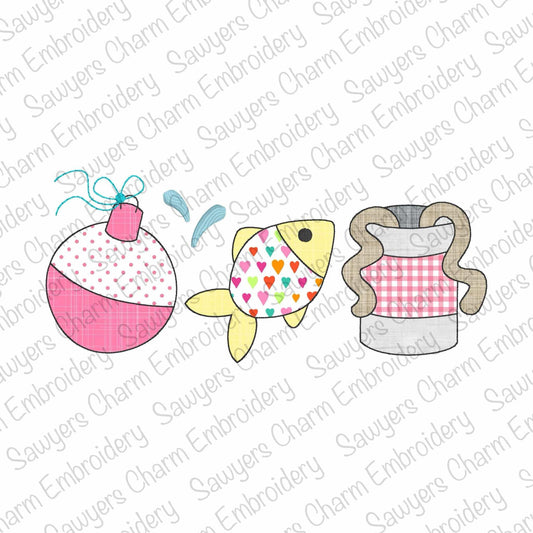 BUNDLE Bobber, fish, bait can of worms trio with/without coquette bow, bean stitch machine applique embroidery design, spring, lake pond