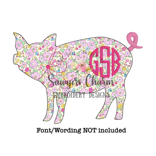 BUNDLE Pig bean stitch machine applique embroidery design file, spring farm animal, with/without coquette bow, oink, mud, pig pen, hog