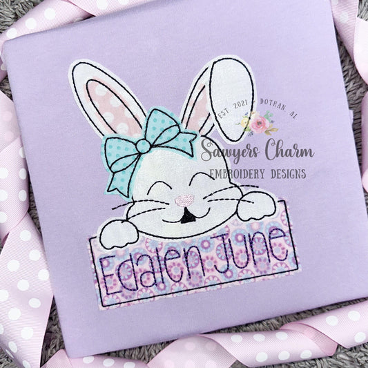 BUNDLE Bunny rabbit with coquette bow and name plate bean & zigzag stitch machine applique embroidery design, quick stitch, Easter, Spring