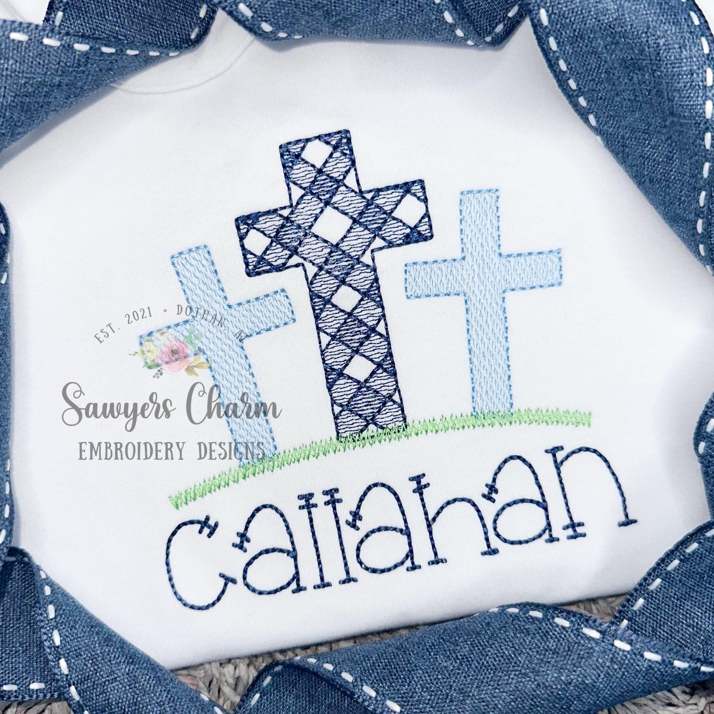 BUNDLE Gingham cross trio grass with & without daffodils sketch stitch machine embroidery design file, quick stitch, Easter, He is risen