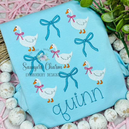 Goose with coquette bows grid, fill stitch machine embroidery design file, spring farm animal, quick stitch, Easter, duck, large sizes