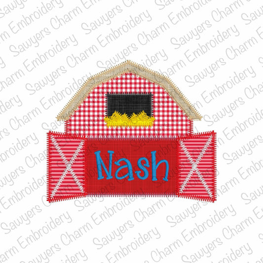 BUNDLE Barn with open doors name plate bean & zigzag stitch machine applique embroidery design file, spring farm animals, quick stitch, hay