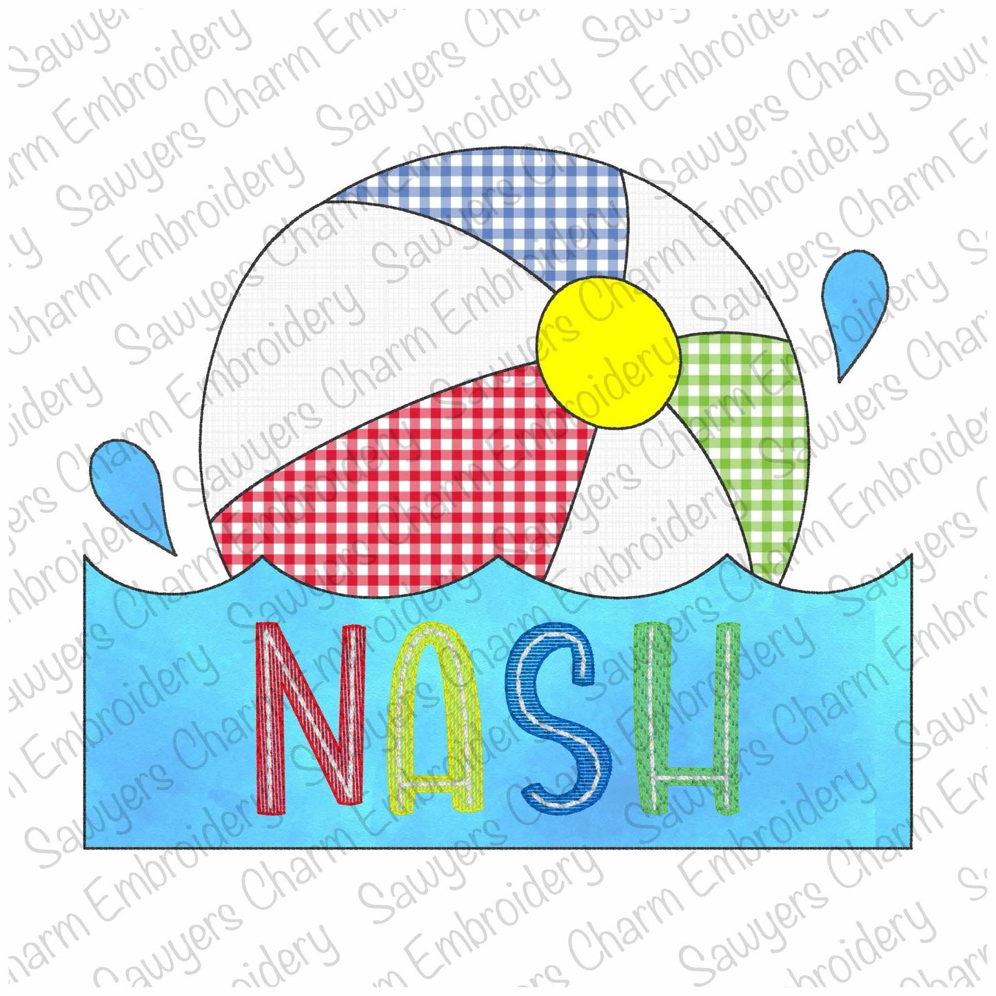 BUNDLE Beach ball with water/waves name plate bean & zigzag applique, machine embroidery design file, summer nautical beach, surfing, sand