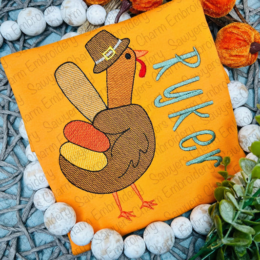 Pilgrim Turkey peace sign sketch stitch machine embroidery design file, fall, thanksgiving, gobble, quick stitch, retro groovy, gather