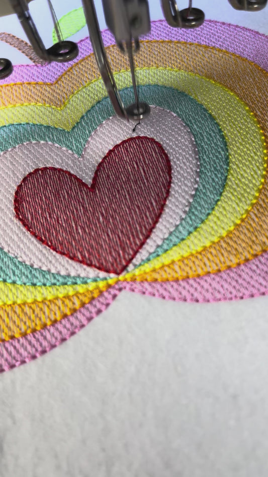 Rainbow apple with heart sketch stitch embroidery design, Back to School