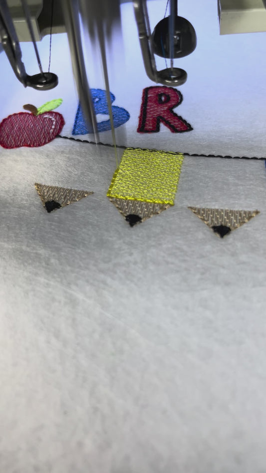 Pencils & apple bunting embroidery design, sketch stitch, bean stitch details, Back to School