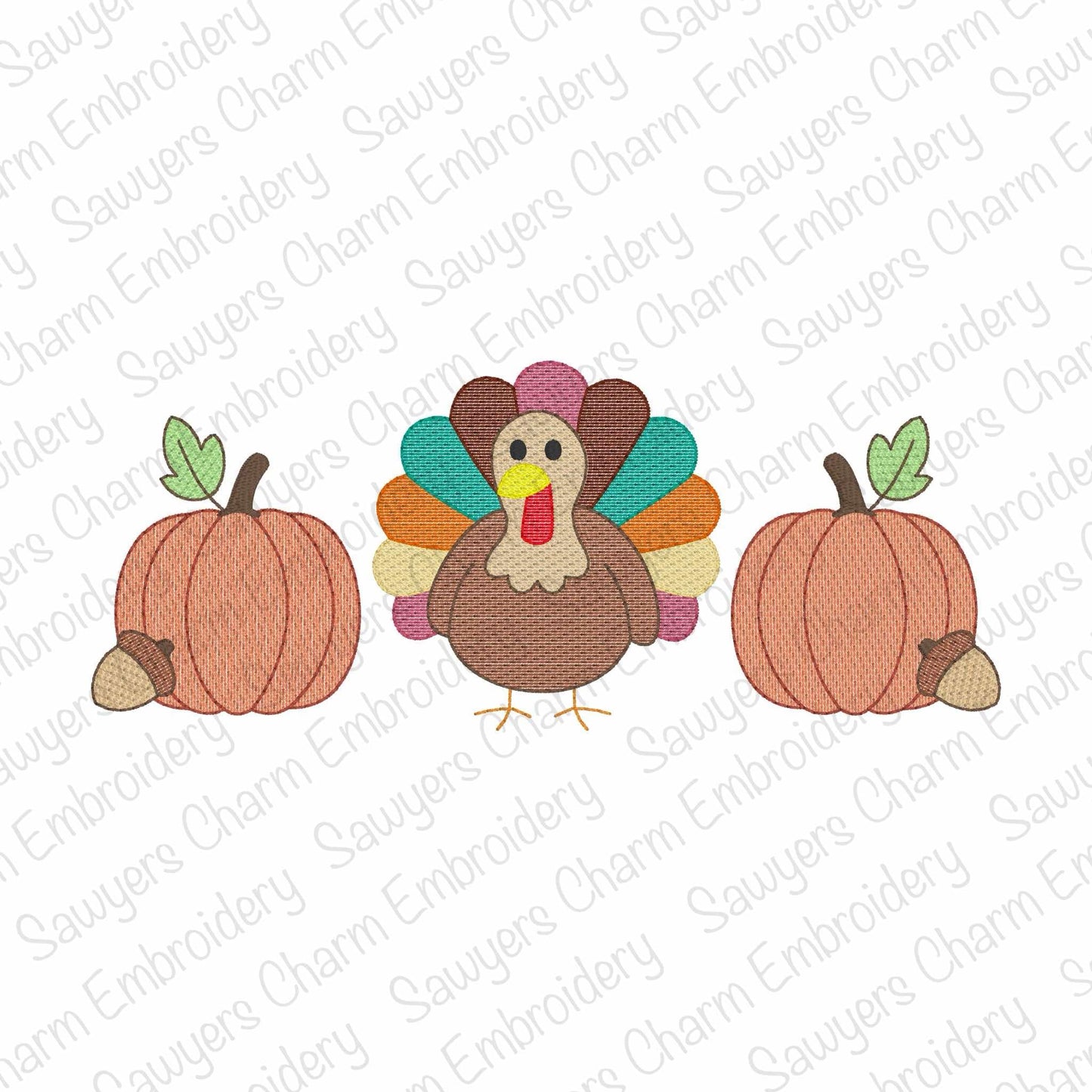 Colorful turkey and pumpkins on a white background with 'Sauyer's Charm Embroidery' watermark.