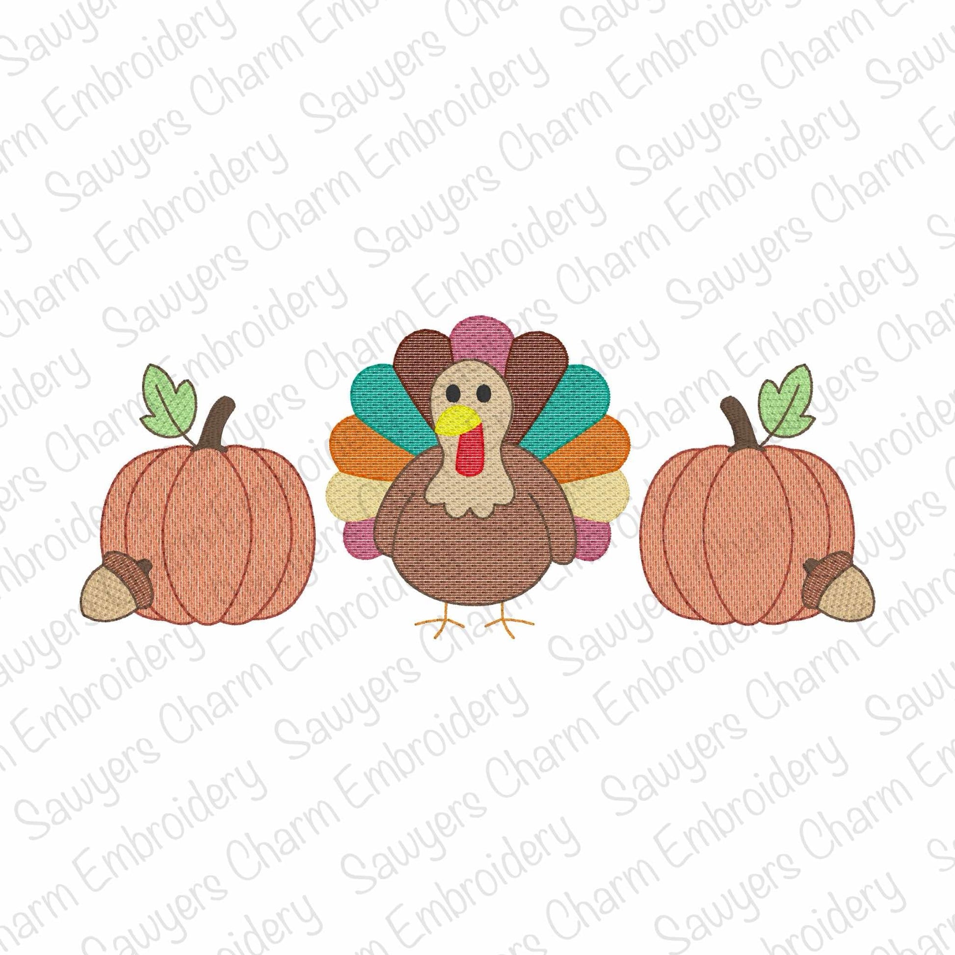Colorful turkey and pumpkins on a white background with 'Sauyer's Charm Embroidery' watermark.